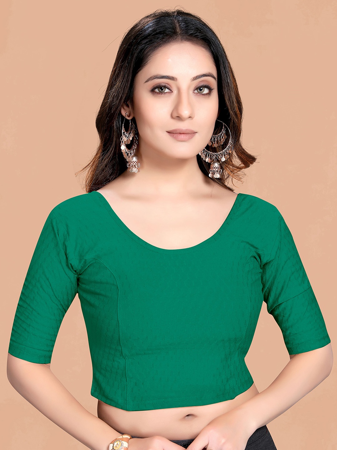 

SCUBE DESIGNS Woven Design Round Neck Short Sleeves Saree Blouse, Lime green