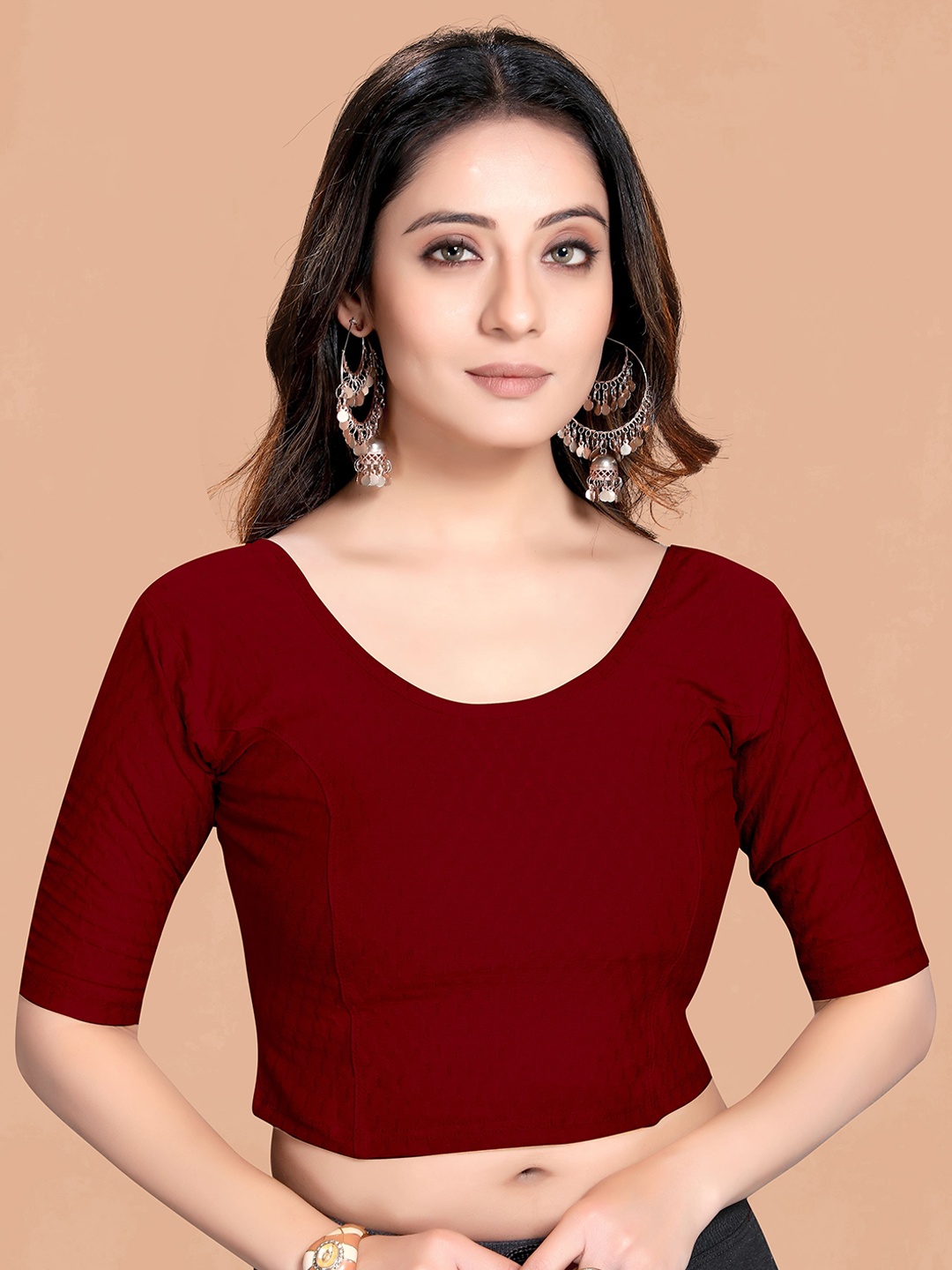 

SCUBE DESIGNS Woven Design Round Neck Short Sleeves Saree Blouse, Maroon