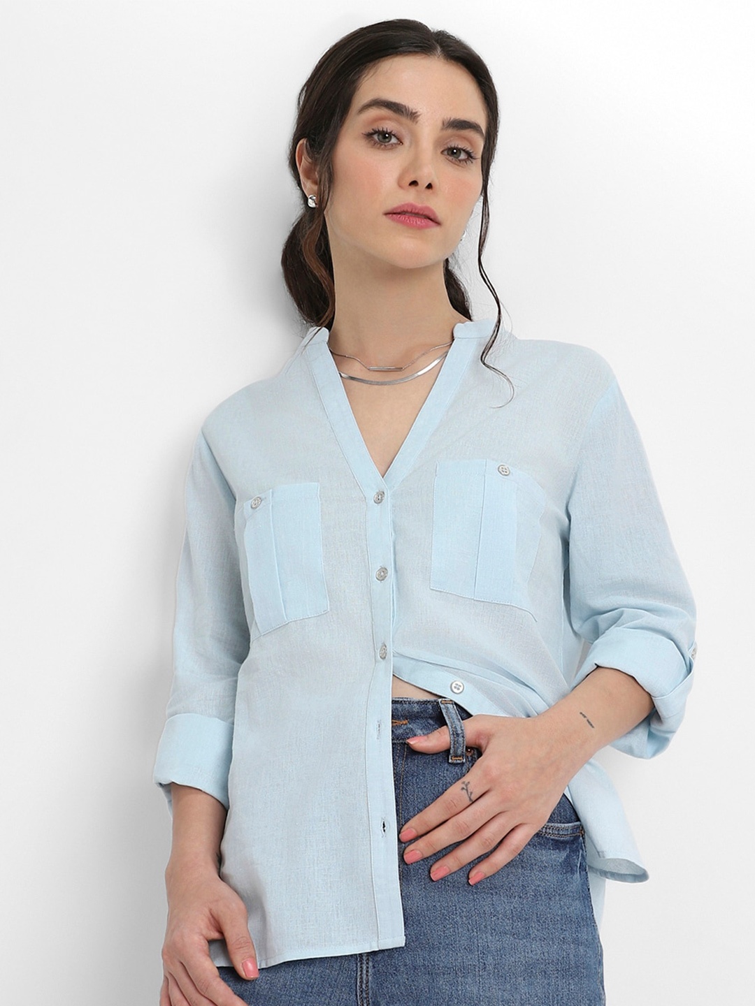 

DL Woman Roll-Up Sleeves Cotton Shirt Style Top, Blue