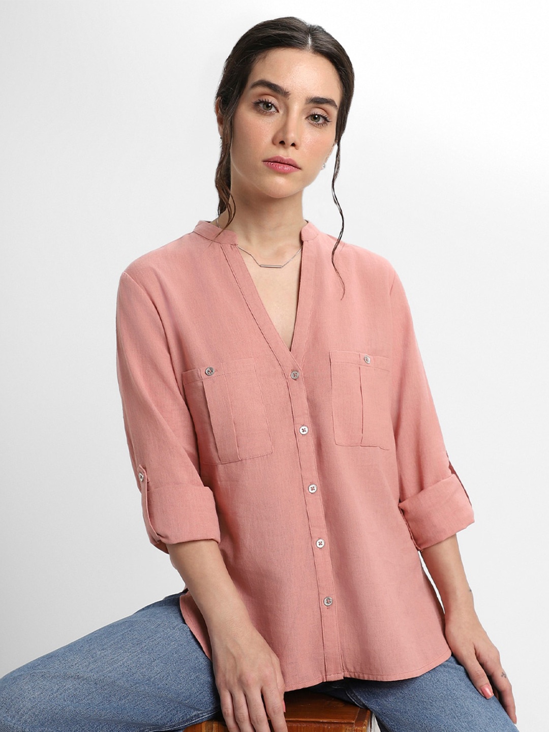 

DL Woman Mandarin Collar Roll-Up Sleeves Cotton Shirt Style Top, Pink