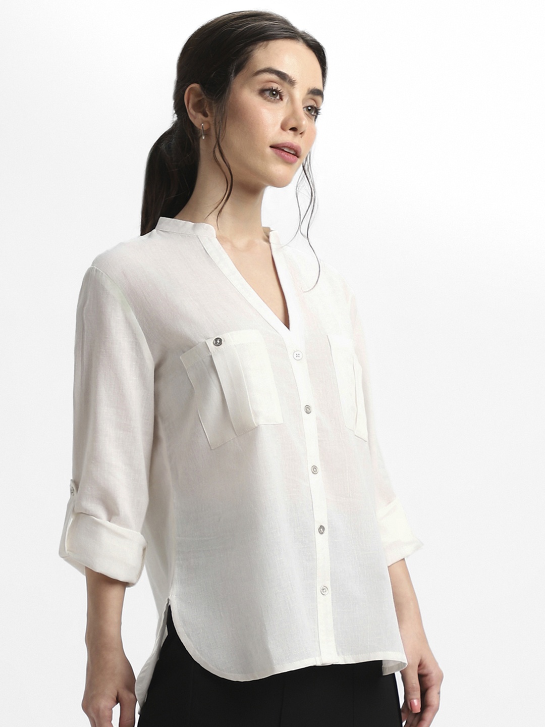 

DL Woman Mandarin Collar Semi Sheer Pure Cotton Shirt Style Top, Off white