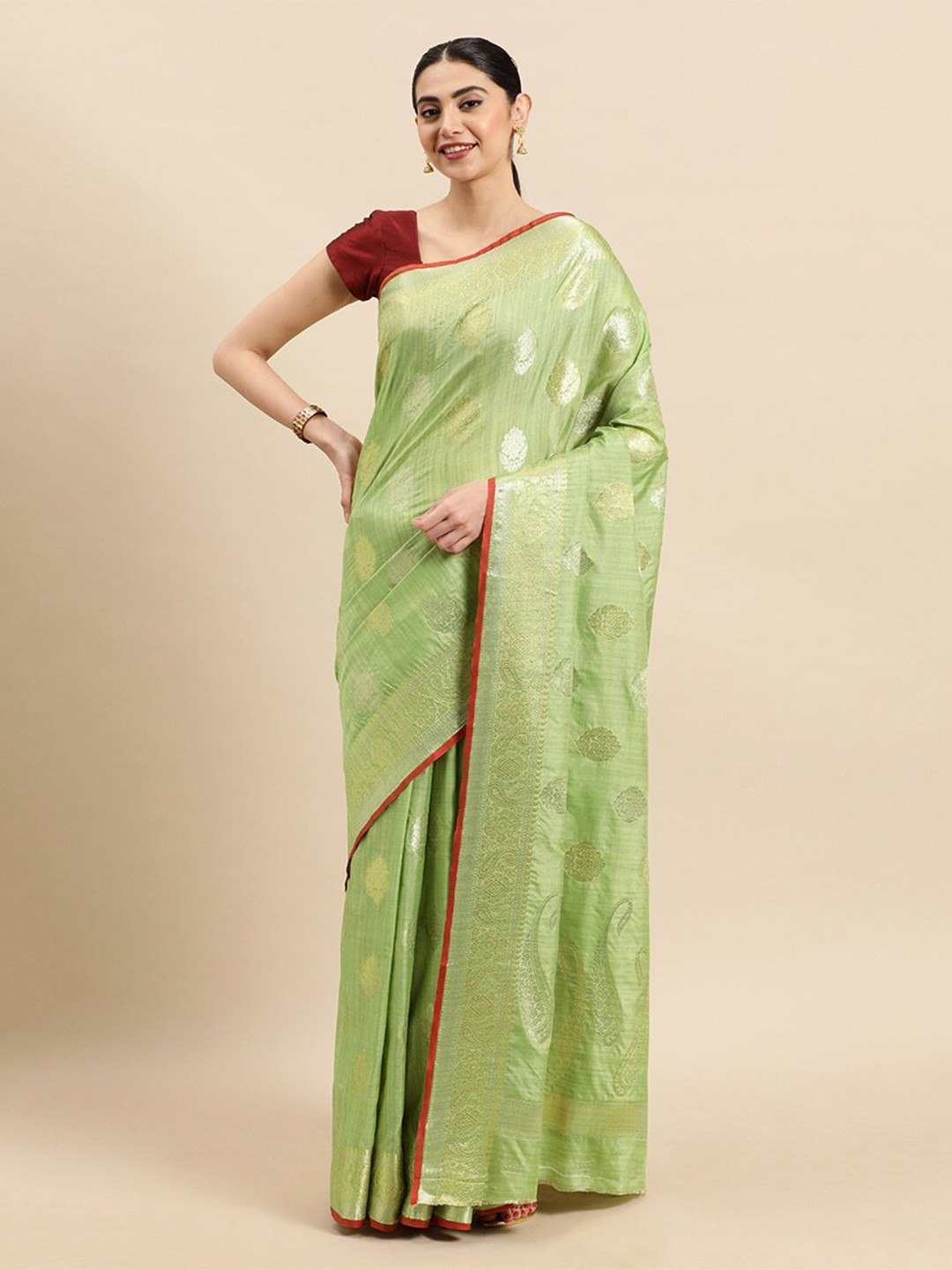 

Mitera Ethnic Motifs Woven Design Zari Silk Blend Banarasi Saree, Green