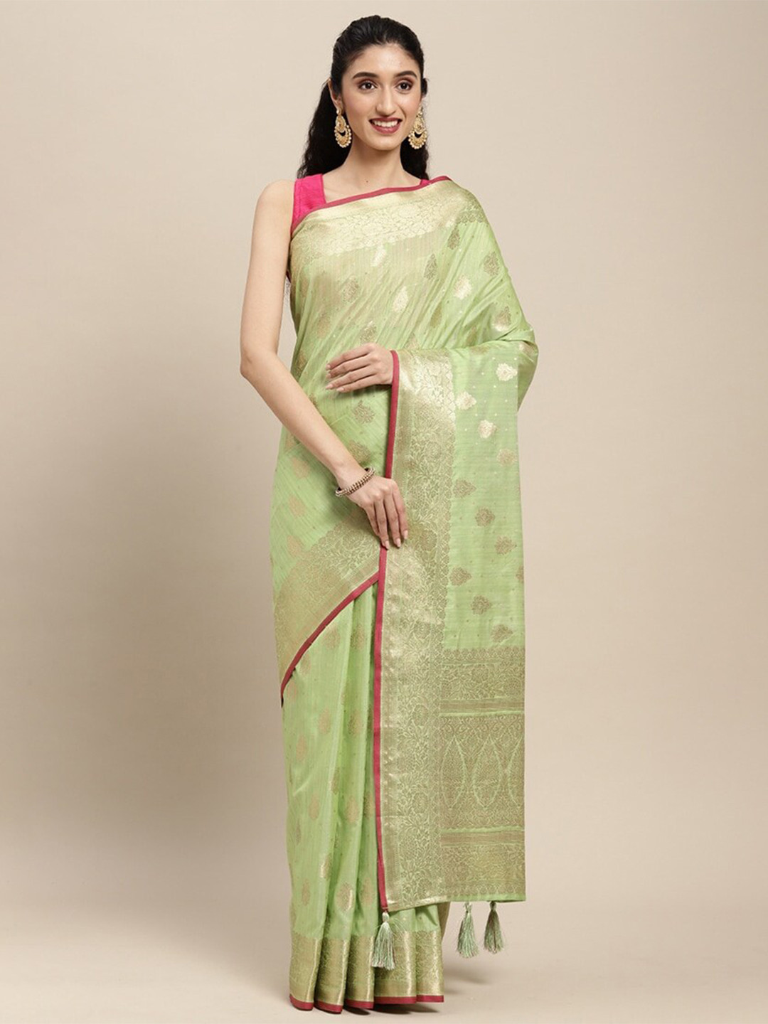 

Mitera Ethnic Motifs Woven Design Zari Silk Blend Banarasi Saree, Green