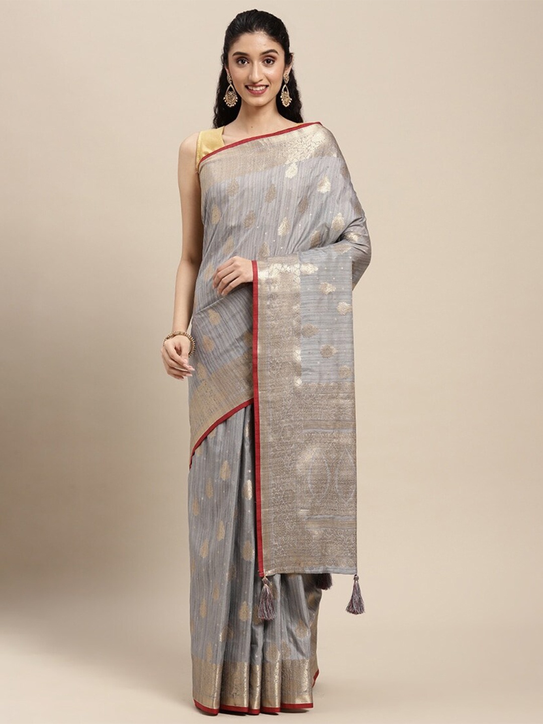 

Mitera Ethnic Motifs Woven Design Zari Silk Blend Banarasi Saree, Grey