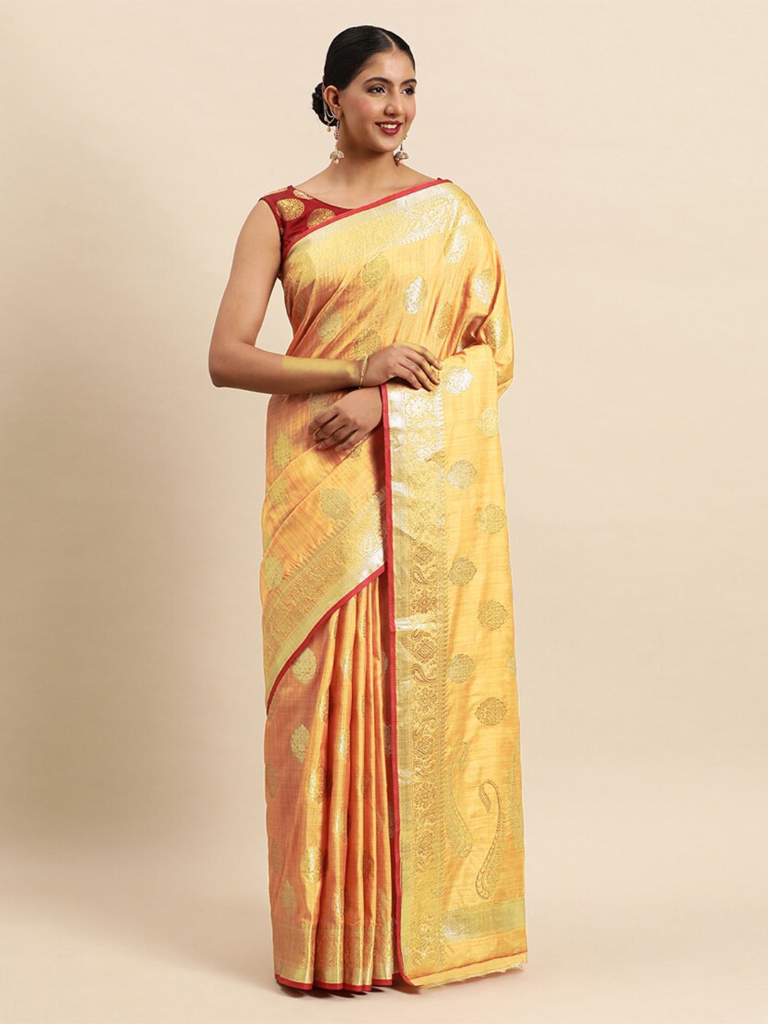 

Mitera Mustard Yellow & Gold-Toned Ethnic Motifs Woven Design Zari Banarasi Saree