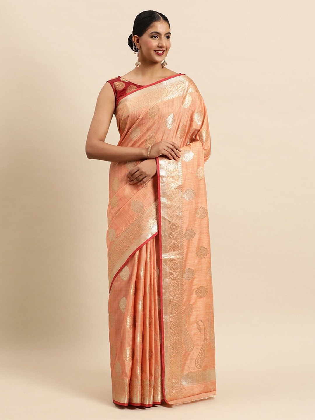 

Mitera Peach-Coloured & Gold-Toned Ethnic Motifs Woven Design Zari Banarasi Saree