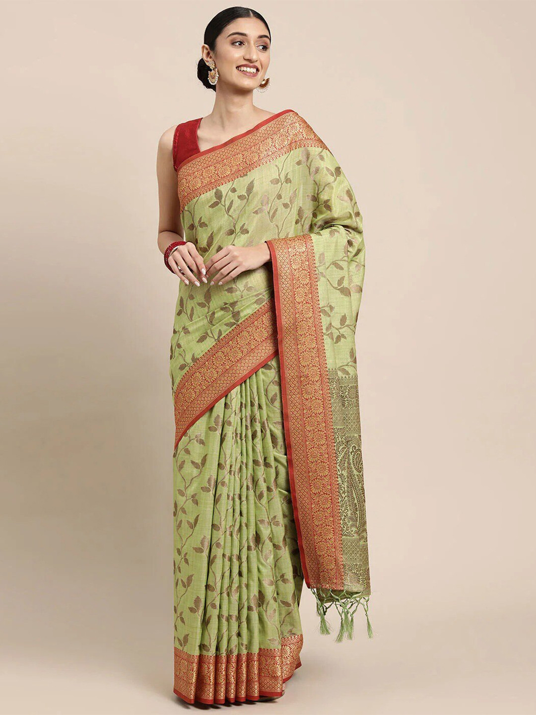 

Mitera Green & Red Floral Woven Design Zari Saree