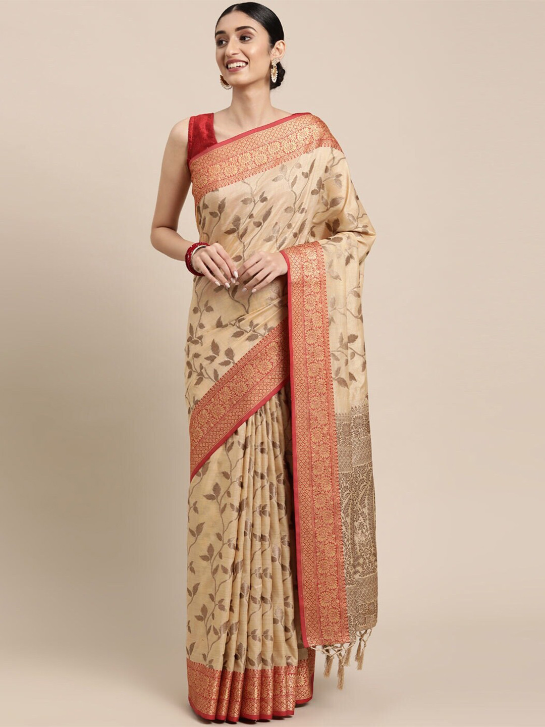 

Mitera Cream-Coloured & Red Floral Woven Design Zari Saree