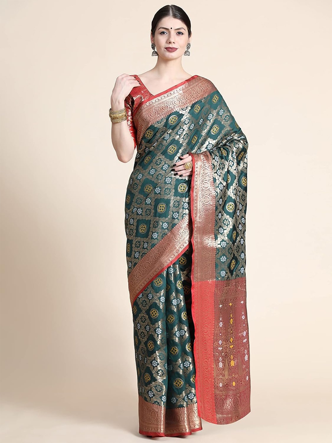 

Mitera Green & Red Ethnic Motifs Woven Design Zari Banarasi Saree