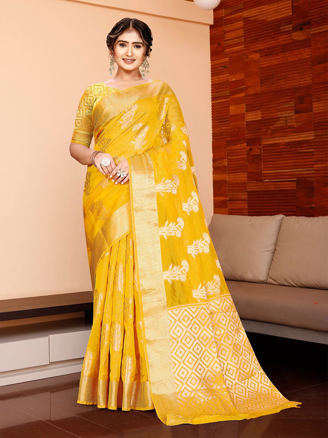 

Mitera Yellow & Gold-Toned Ethnic Motifs Woven Design Zari Organza Saree