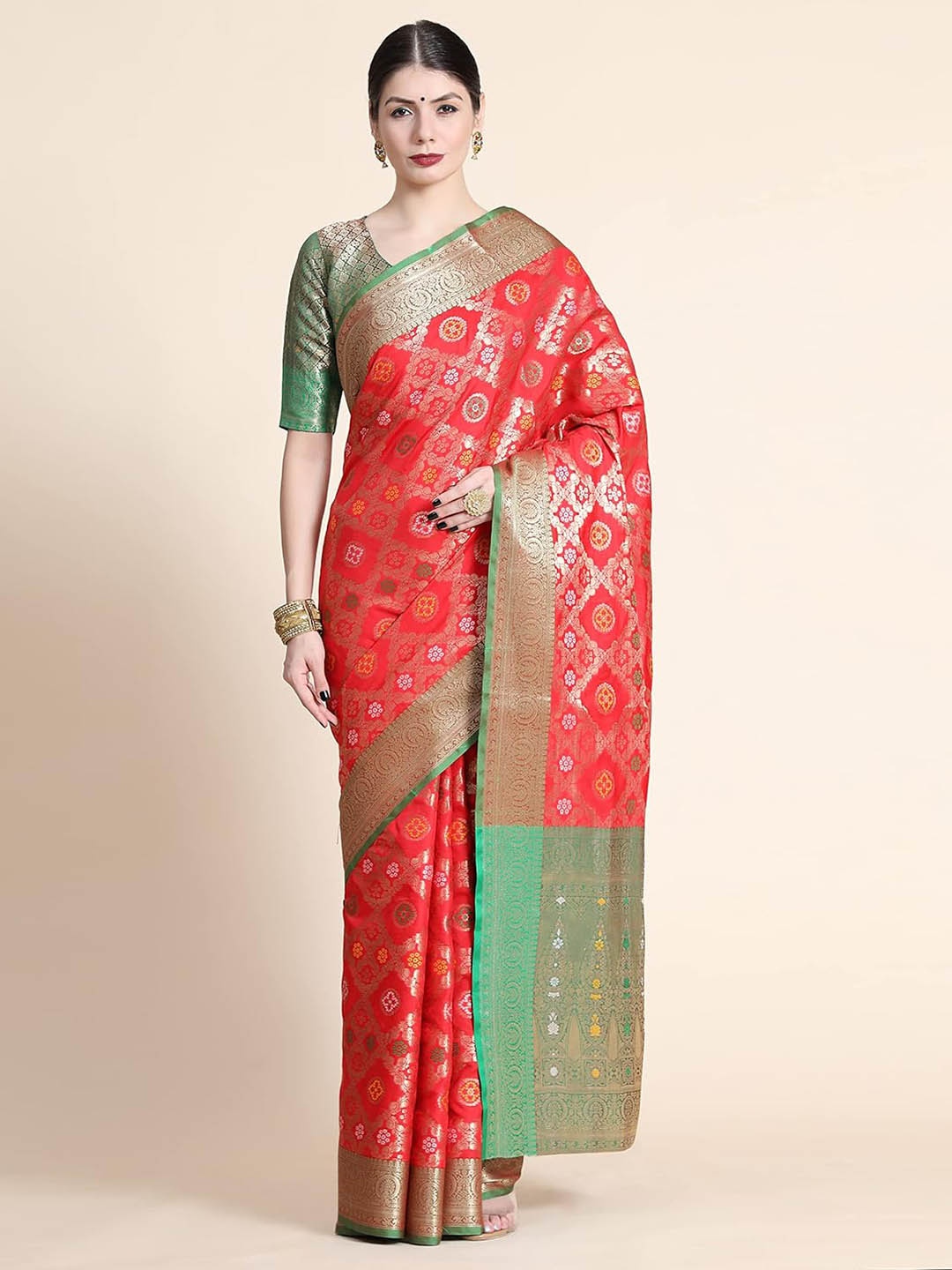 

Mitera Red & Green Ethnic Motif Woven Design Zari Patola Saree