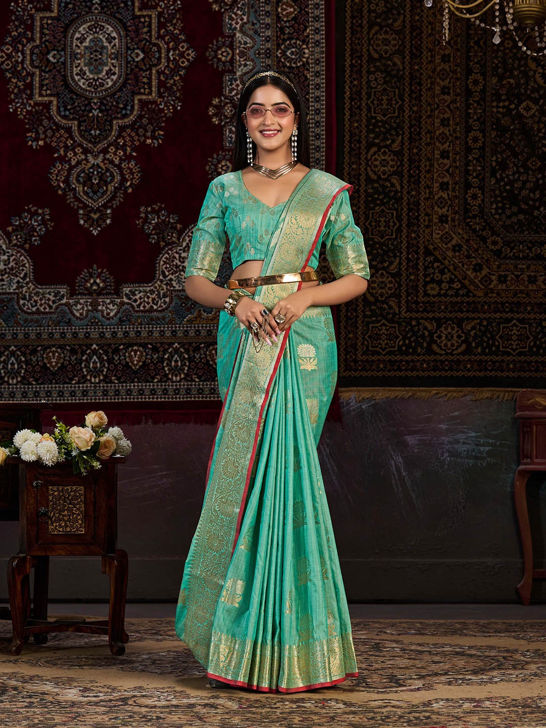 

Mitera Blue & Gold-Toned Ethnic Motif Woven Design Zari Banarasi Saree