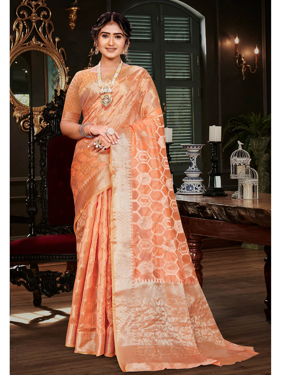 

Mitera Orange & Gold-Toned Woven Design Zari Organza Banarasi Saree