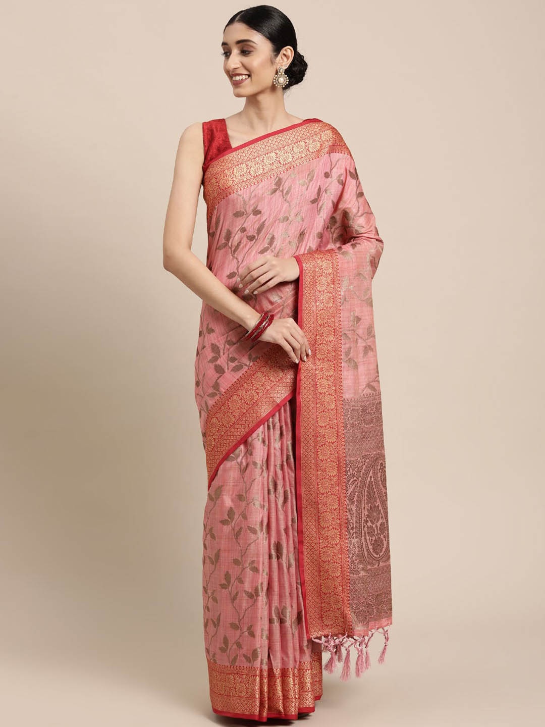 

Mitera Pink & Red Ethnic Motifs Zari Banarasi Saree