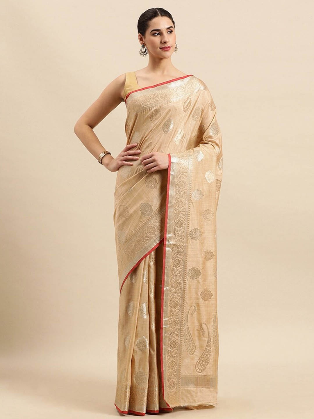 

Mitera Cream-Coloured & Gold-Toned Woven Design Zari Banarasi Saree