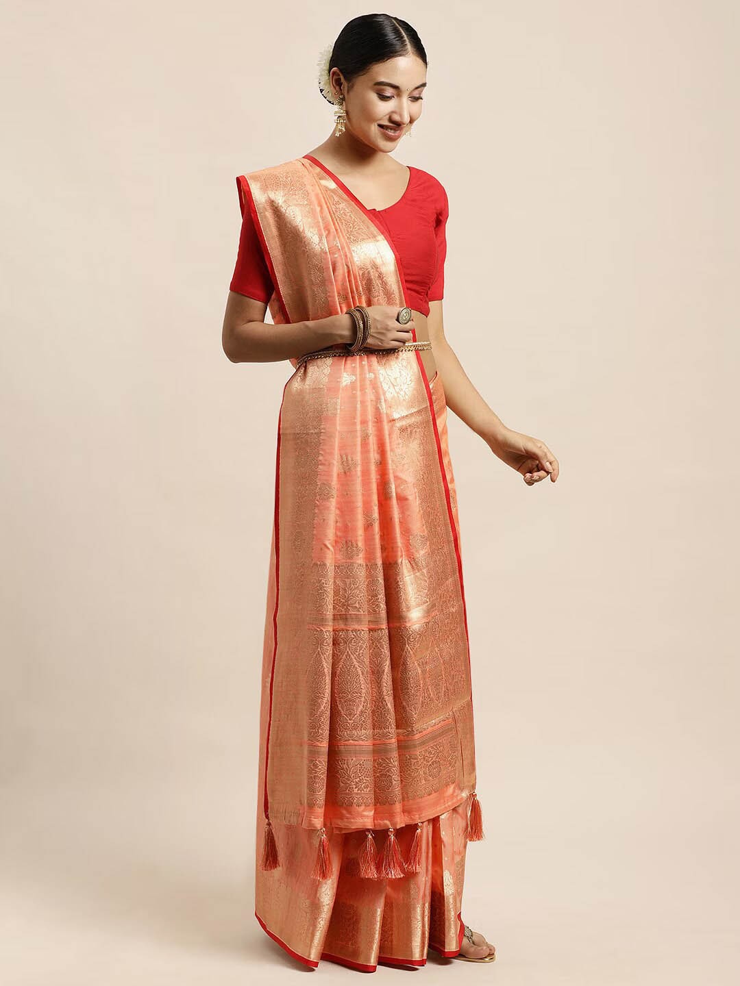 

Mitera Woven Design Zari Banarasi Saree, Peach