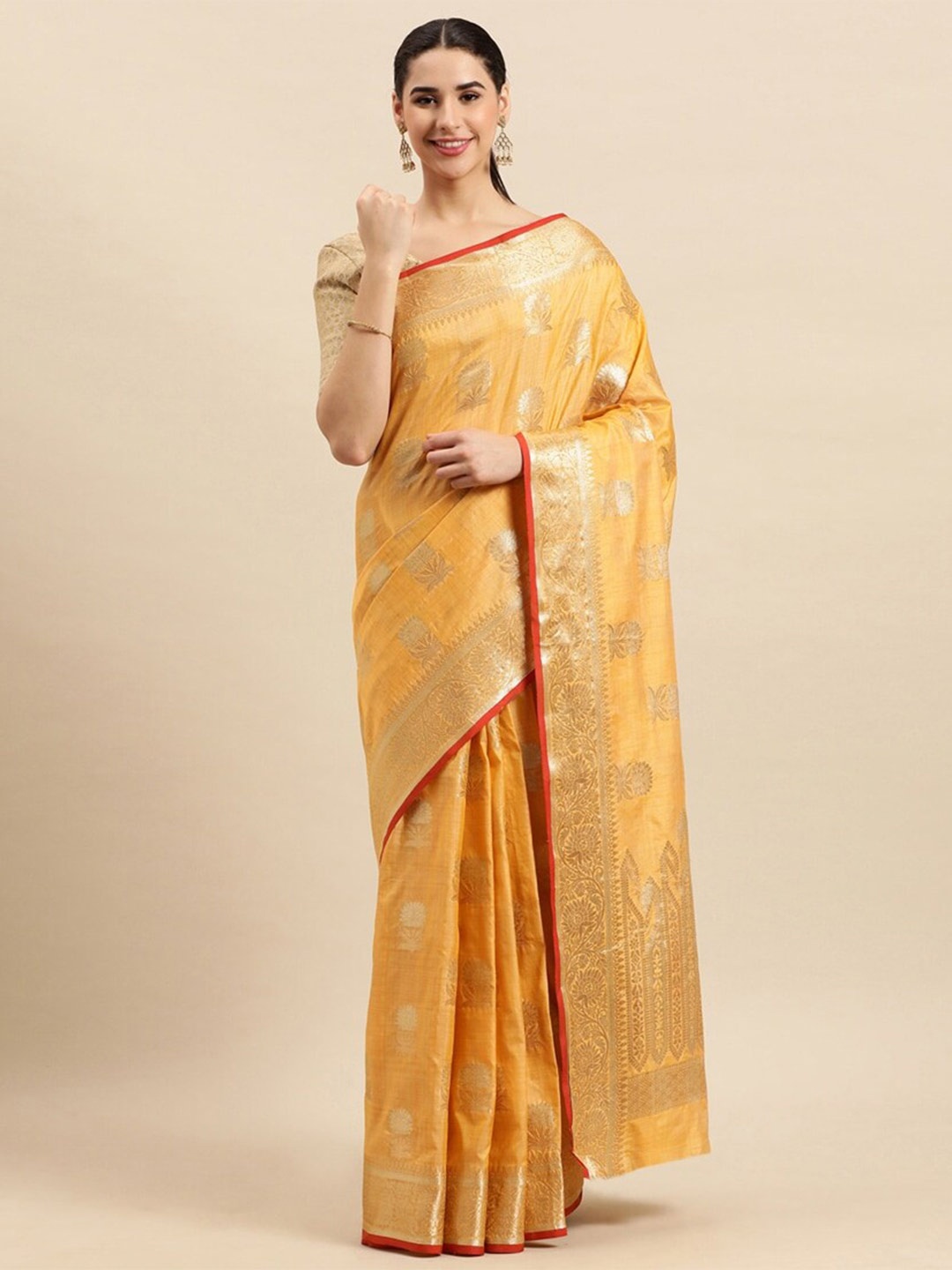 

Mitera Ethnic Motifs Woven Design Zari Silk Blend Banarasi Saree, Mustard