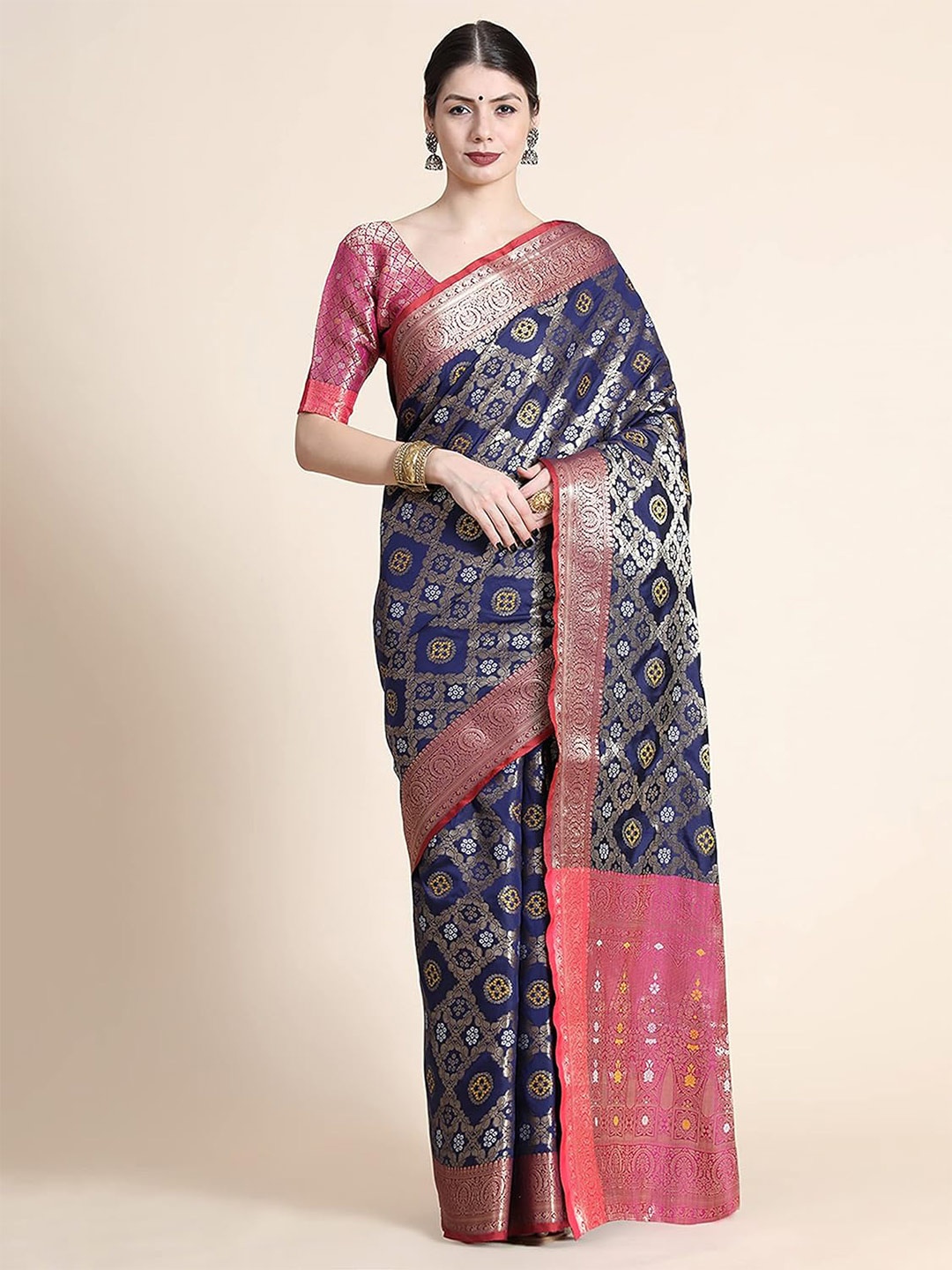 

Mitera Ethnic Motifs Woven Design Zari Silk Blend Patola Saree, Navy blue