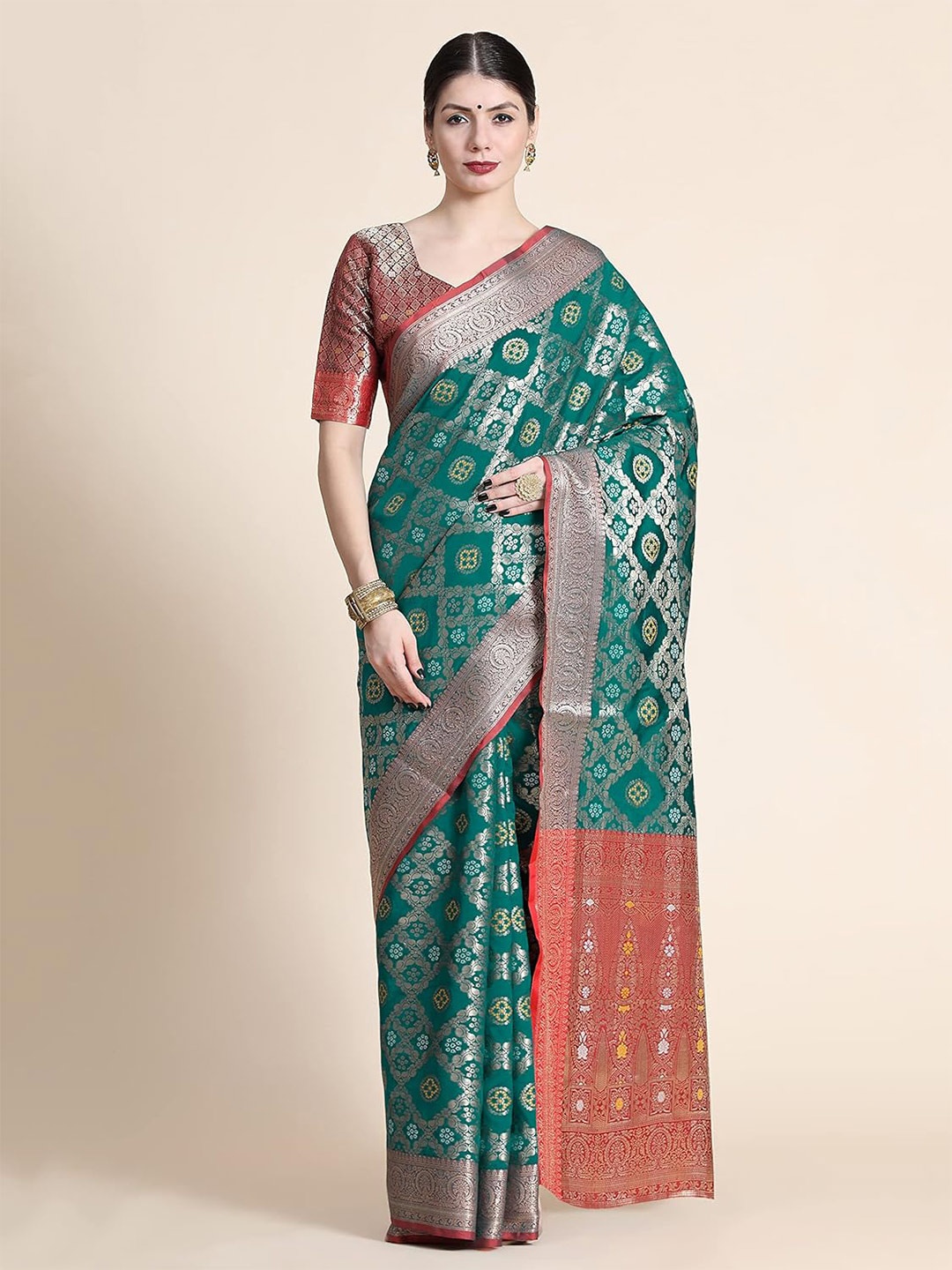 

Mitera Ethnic Motifs Woven Design Zari Silk Blend Patola Saree, Blue