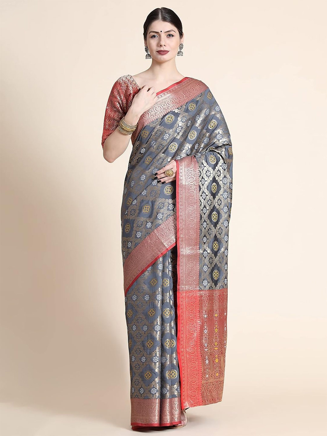 

Mitera Ethnic Motifs Woven Design Zari Silk Blend Patola Saree, Grey