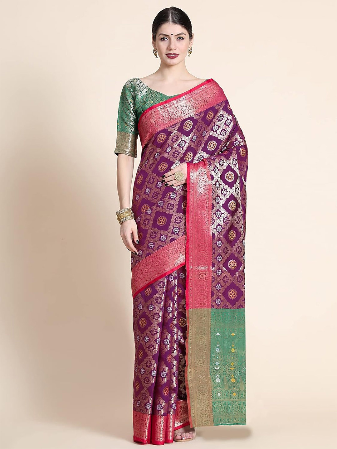 

Mitera Ethnic Motifs Woven Design Zari Silk Blend Patola Saree, Purple