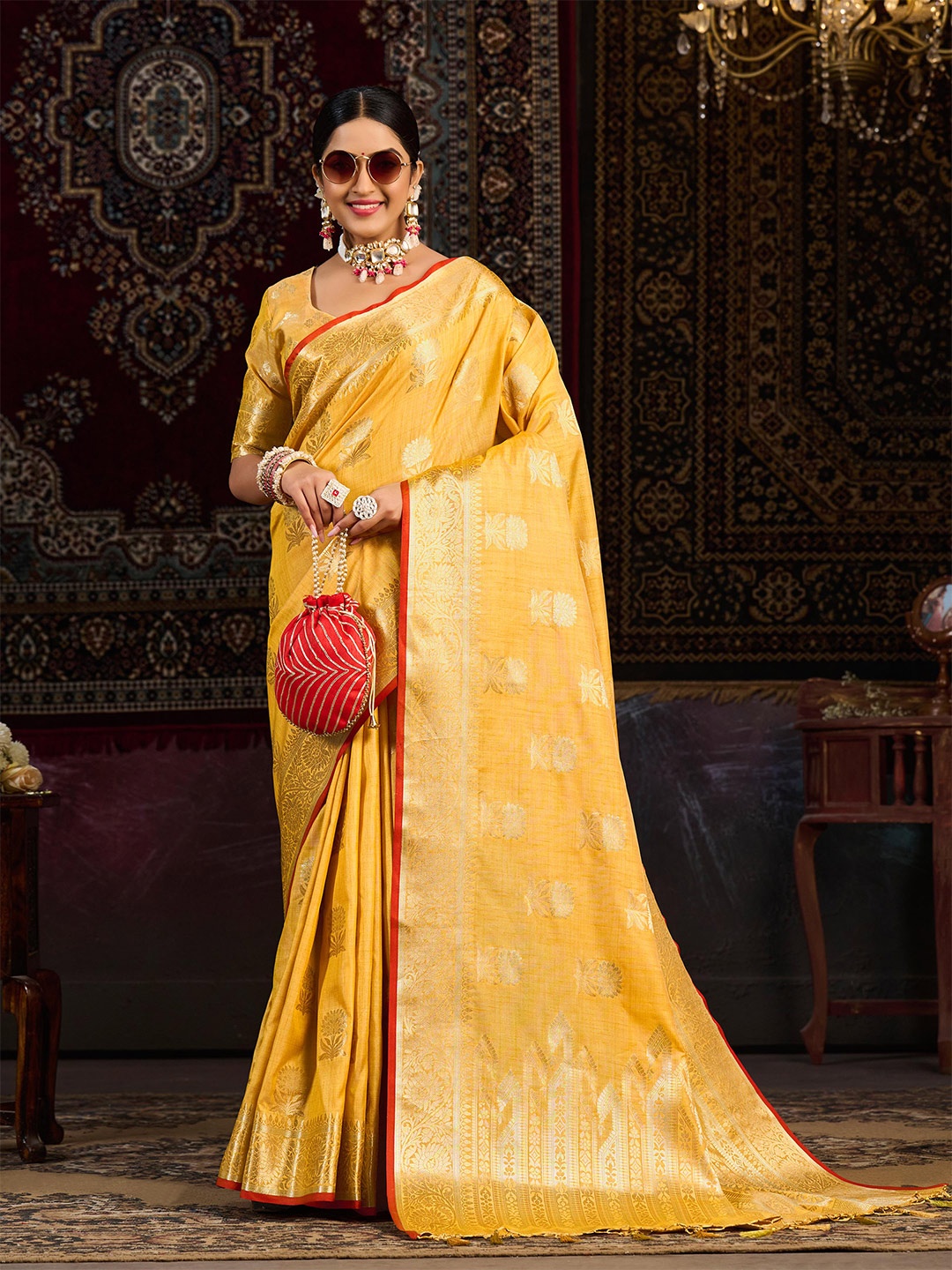 

Mitera Ethnic Motifs Woven Design Zari Banarasi Saree, Mustard
