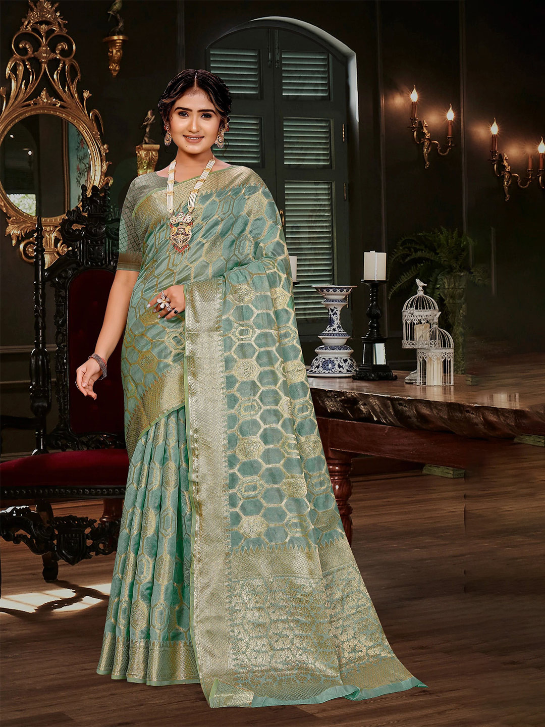 

Mitera Woven Design Zari Organza Banarasi Saree, Grey