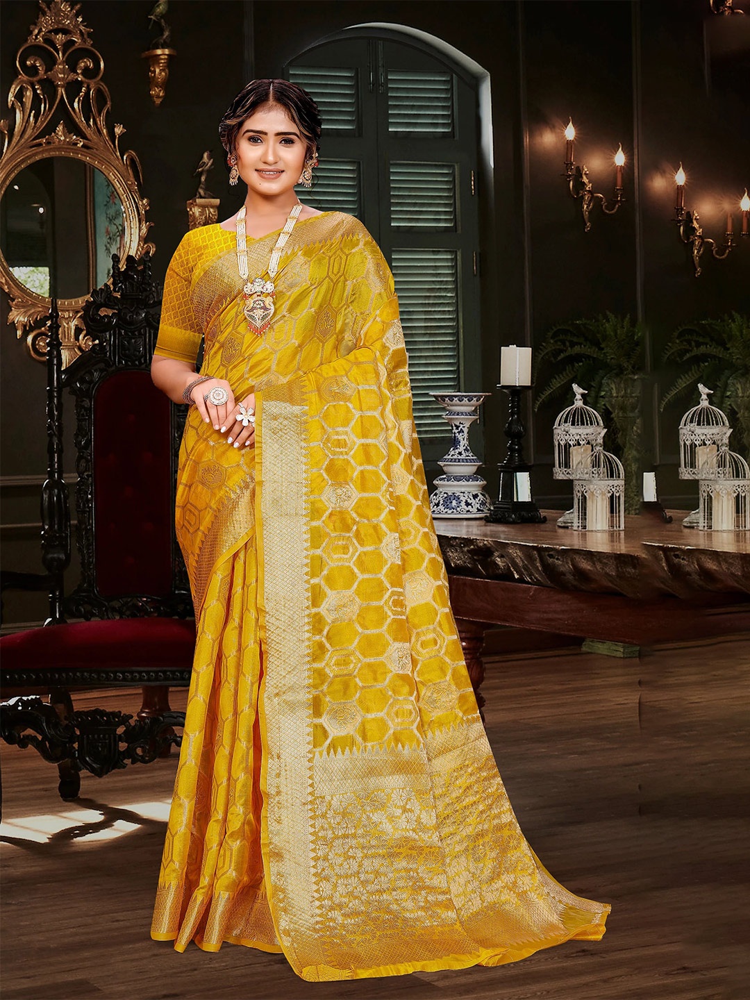 

Mitera Ethnic Motifs Zari Organza Banarasi Saree, Yellow