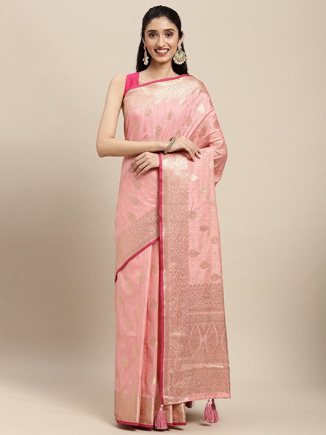 

Mitera Ethnic Motifs Woven Design Zari Silk Blend Banarasi Saree, Pink