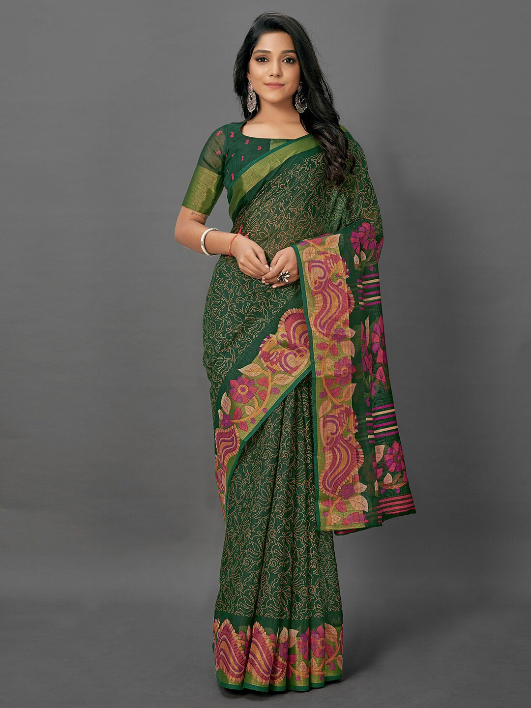 

Anouk Ethnic Motifs Printed Zari Bagh Saree, Green