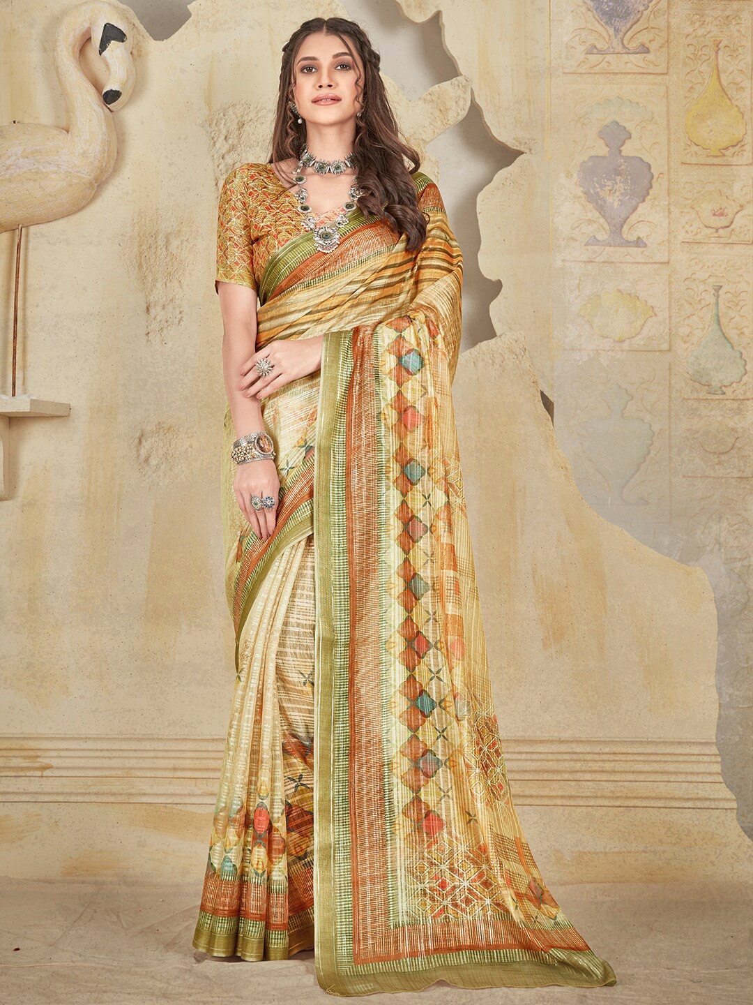 

Anouk Abstract Printed Zari Pure Silk Banarasi Saree, Beige