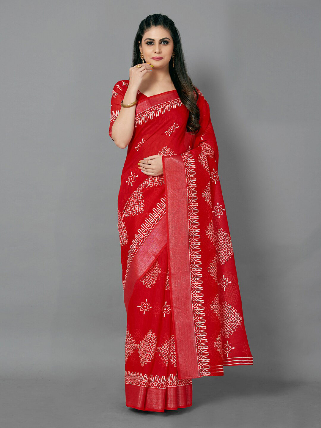 

Anouk Ethnic Motifs Block Printed Zari Saree, Red