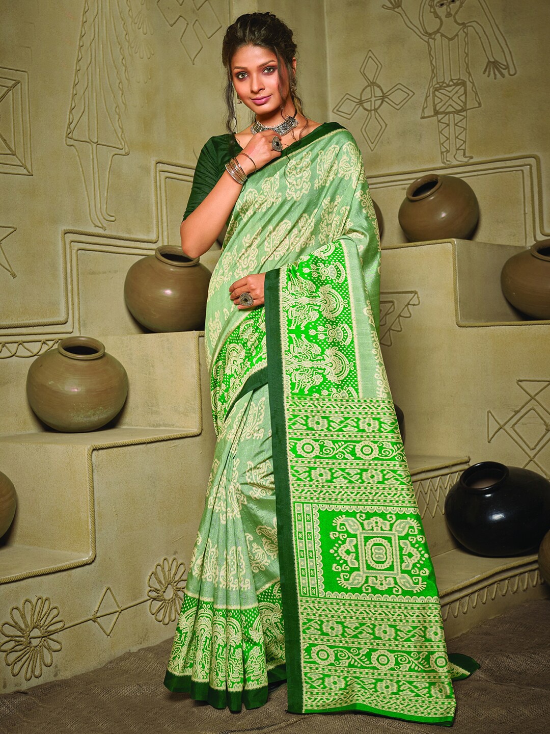 

Anouk Green Ethnic Motifs Printed Saree