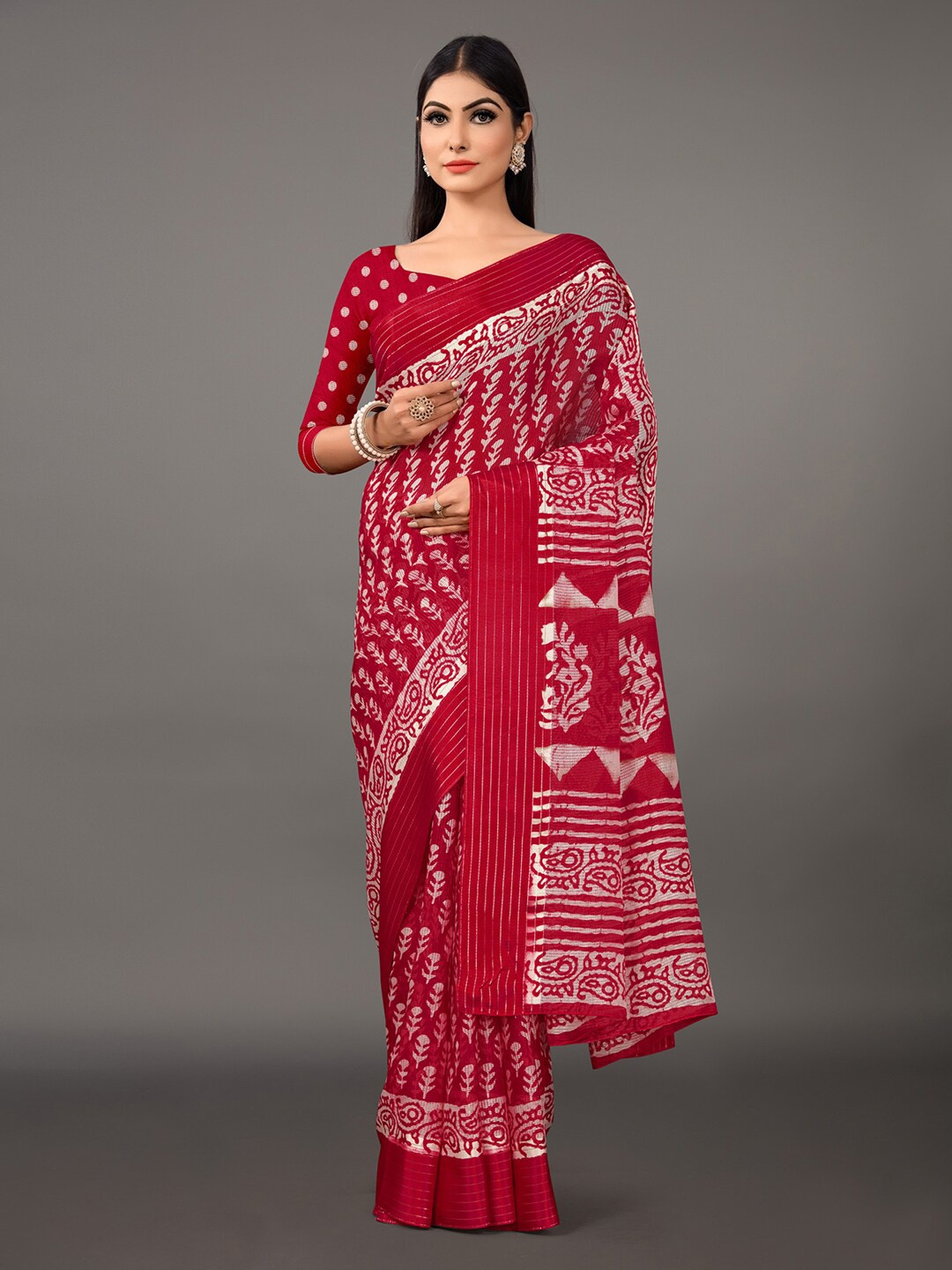 

Anouk Ethnic Motifs Printed Brasso Ikat Saree, Red