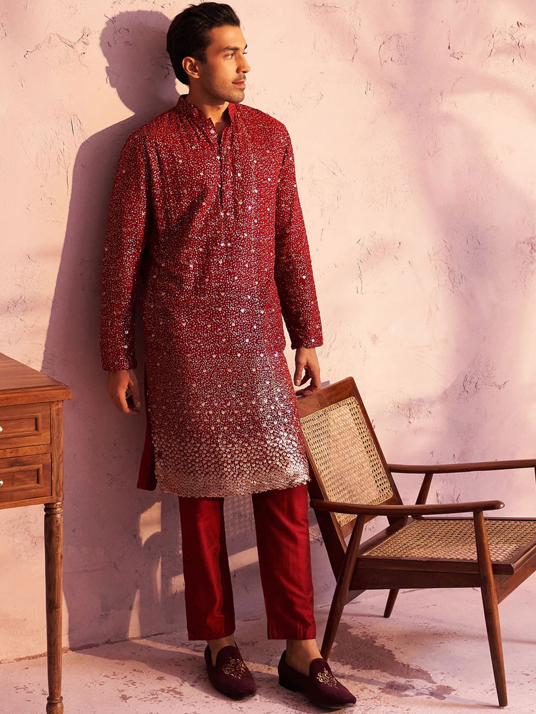 

VASTRAMAY Ethnic Motifs Embroidered Regular Sequinned Kurta with Pyjama, Maroon