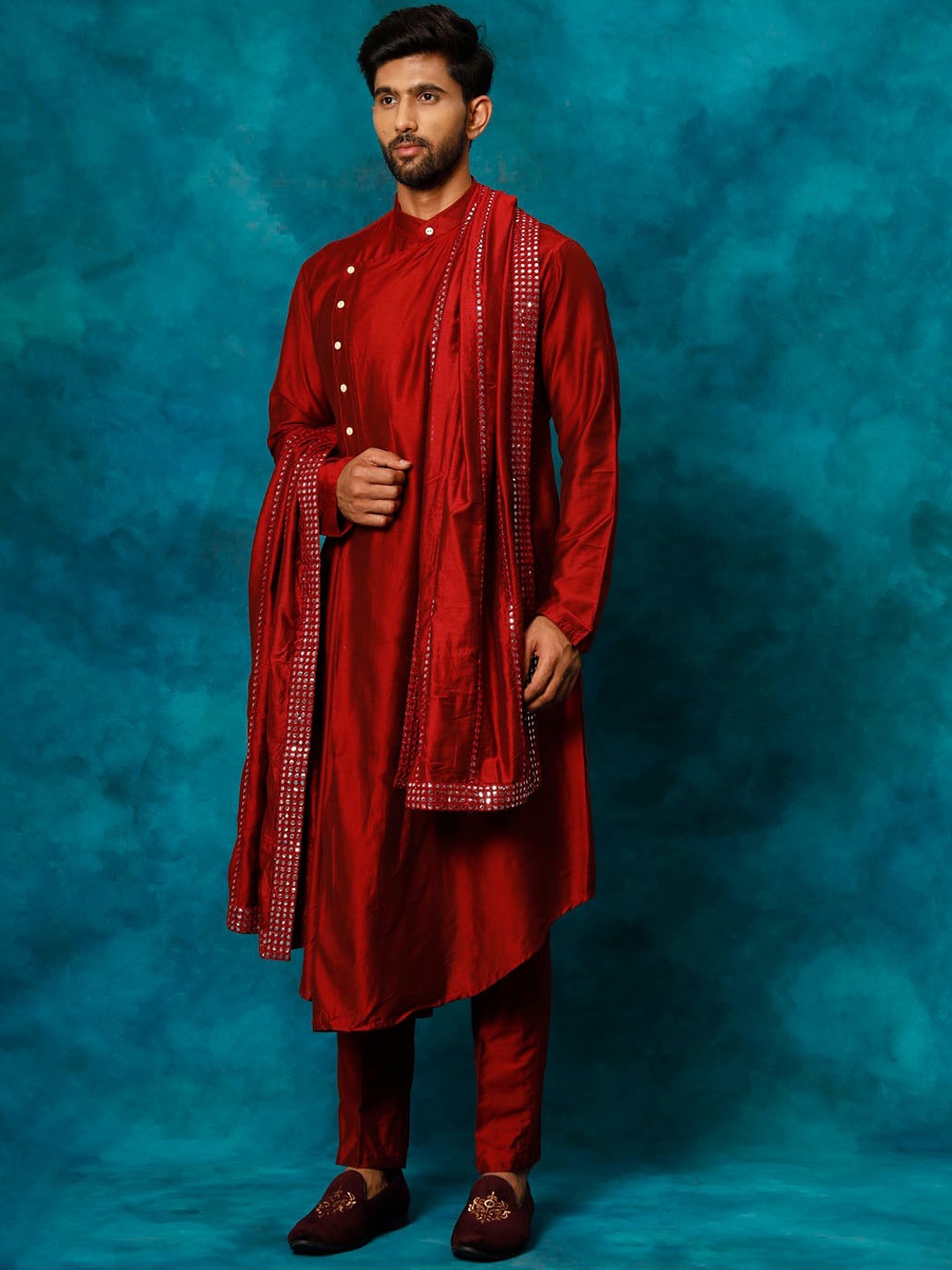 

VASTRAMAY Asymmetric Angrakha Straight Kurta & Pyjamas With Dupatta, Maroon