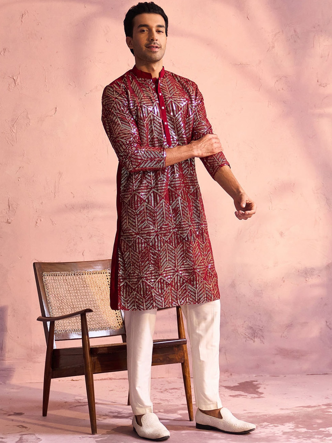 

VASTRAMAY Ethnic Motifs Embroidered Regular Sequined Kurta With Pyjamas, Maroon