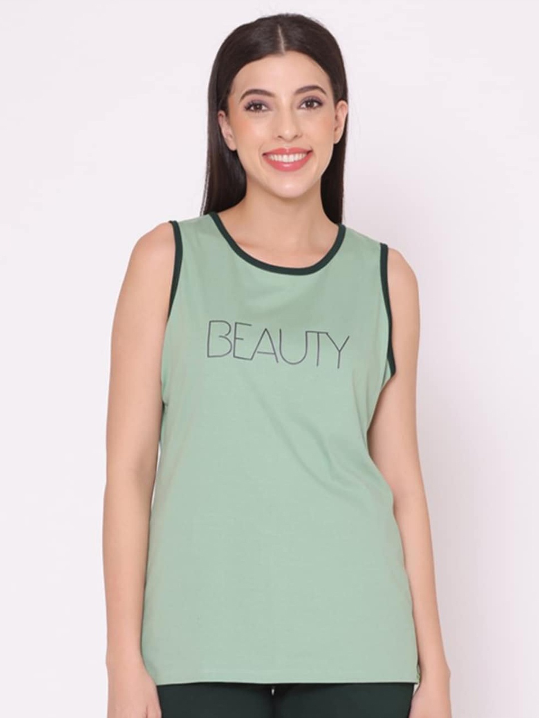 

TITTLI Typography Printed Pure Cotton Tank Top, Green