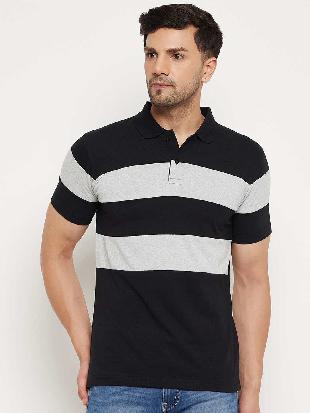 

BETTER THINK Striped Polo Collar T-shirt, Black