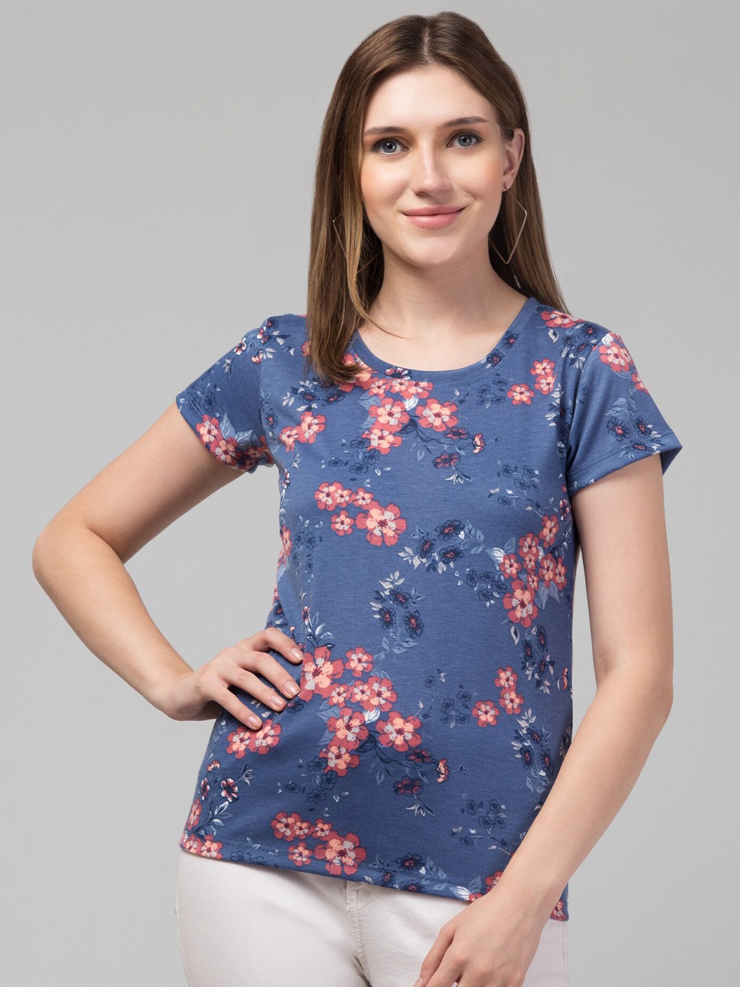 

Hive91 Floral Printed Cotton Relaxed Fit T-shirt, Blue