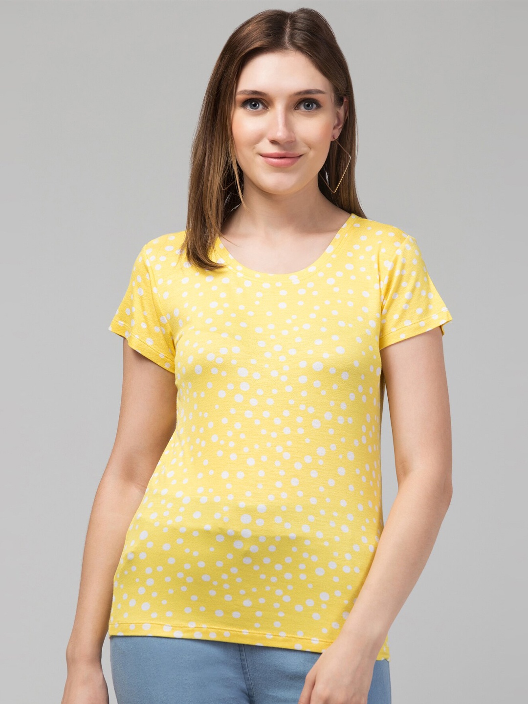 

Hive91 Polka Dot Printed Cotton Relaxed Fit T-shirt, Yellow