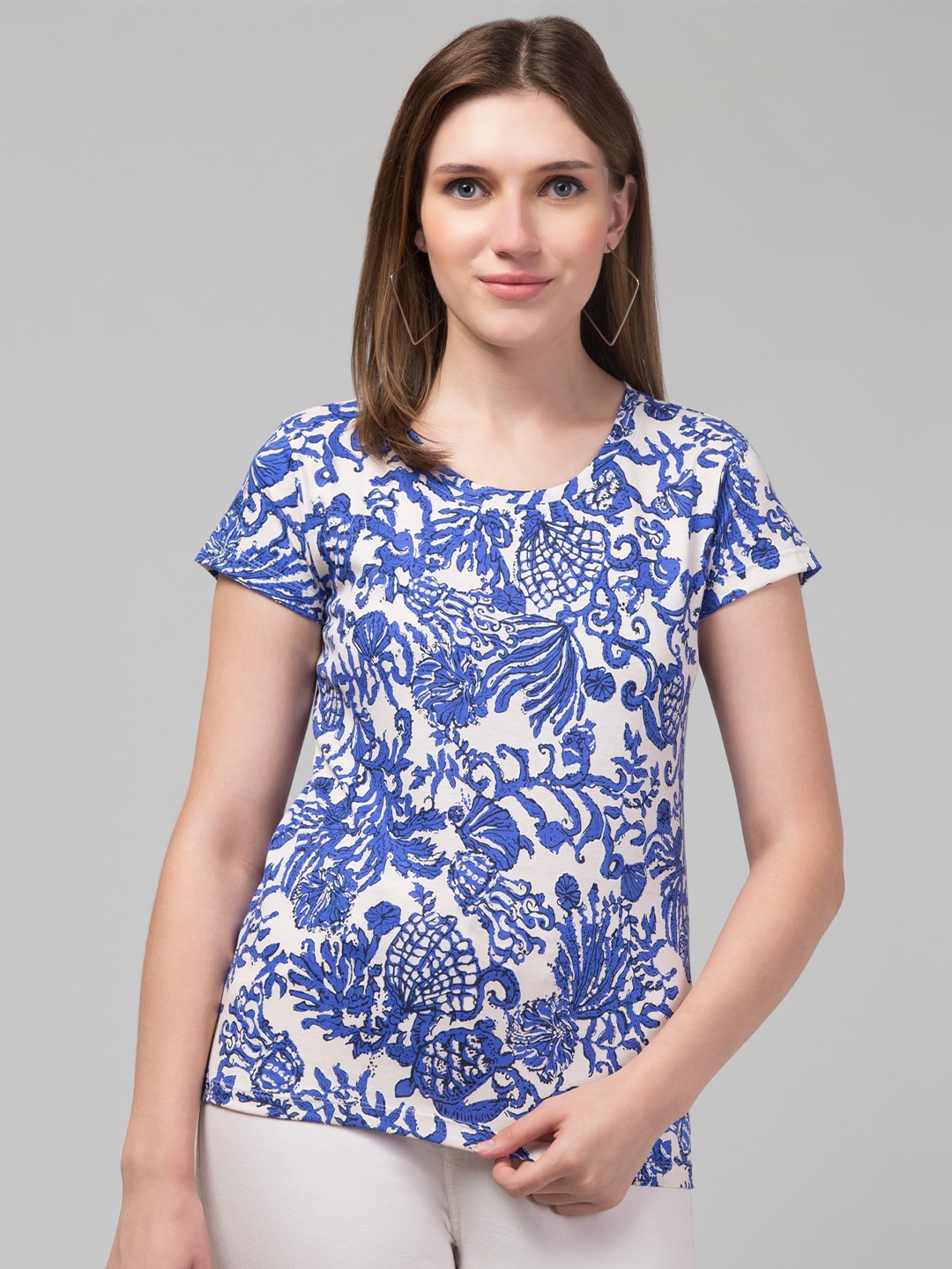 

Hive91 Floral Printed Cotton Relaxed Fit T-shirt, Blue