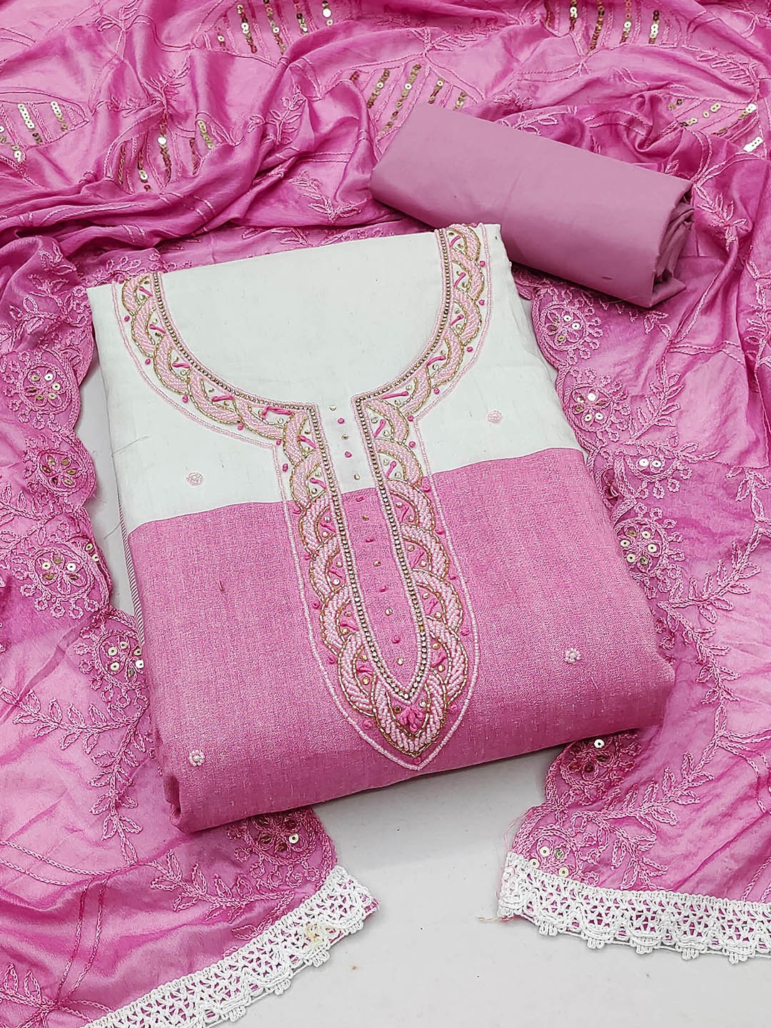 

KALINI Beads and Stones Detail Unstitched Dress Material, Pink