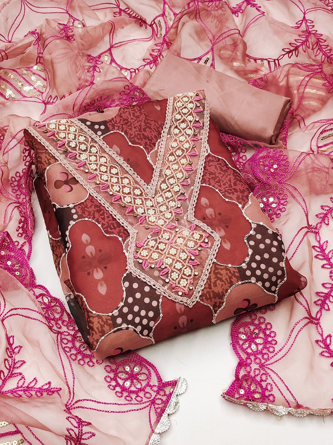 

KALINI Ethnic Motifs Embroidered Beads & Stones Unstitched Dress Material, Pink