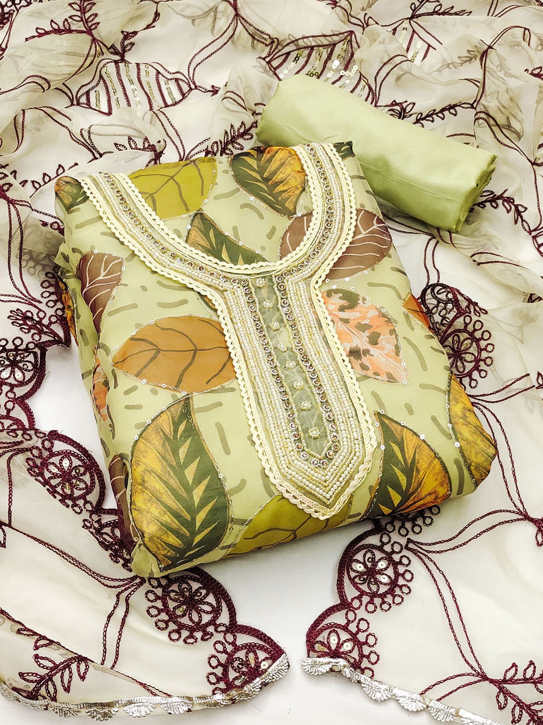 

KALINI Embroidered Organza Unstitched Dress Material, Green