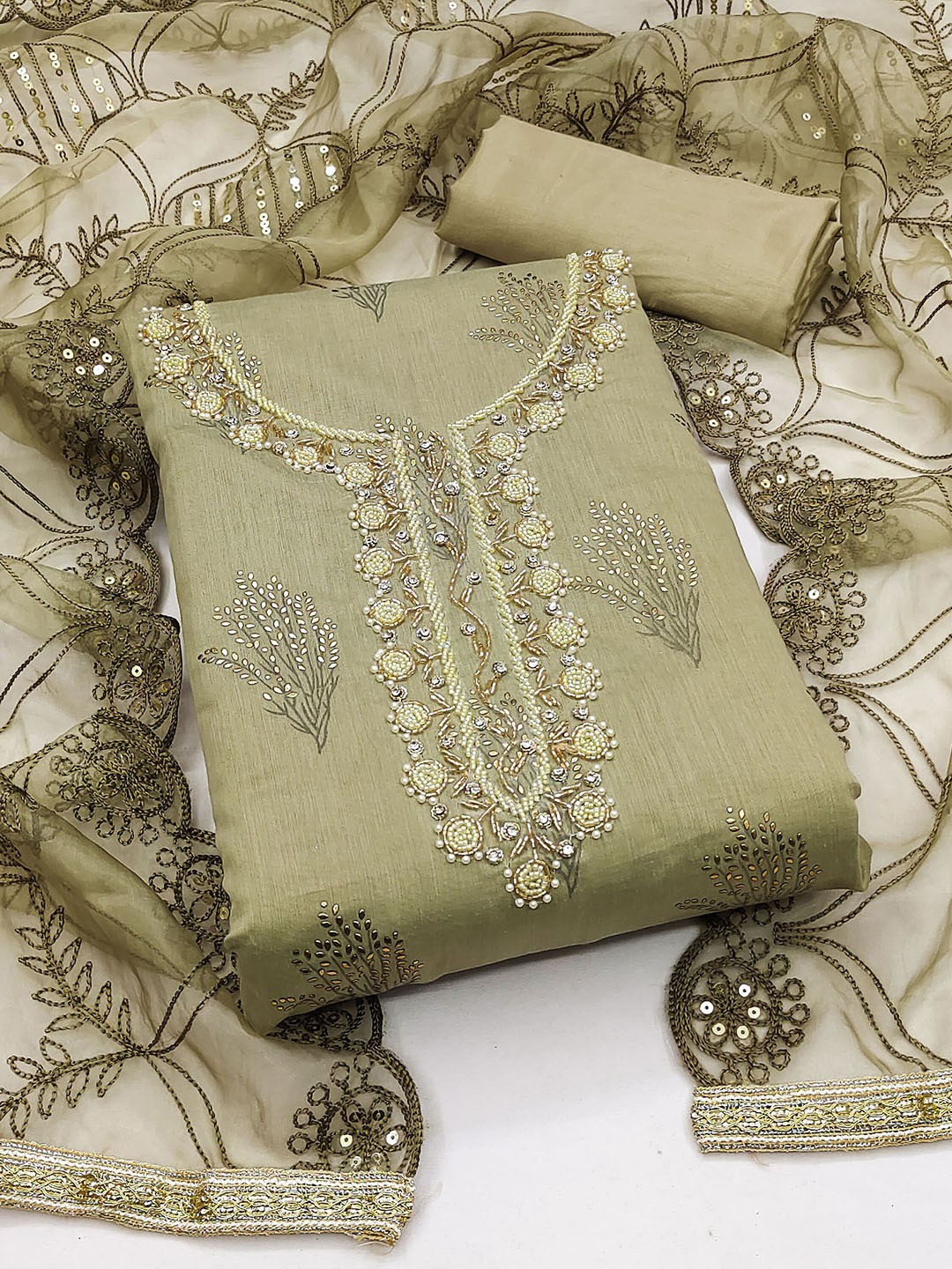 

KALINI Ethnic Motifs Printed Beads and Stones Detail Unstitched Dress Material, Olive