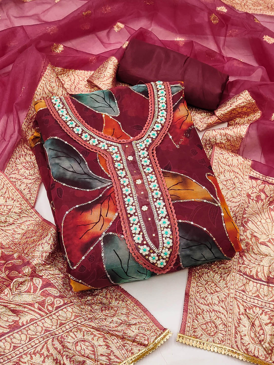 

KALINI Embroidered Organza Unstitched Dress Material, Magenta