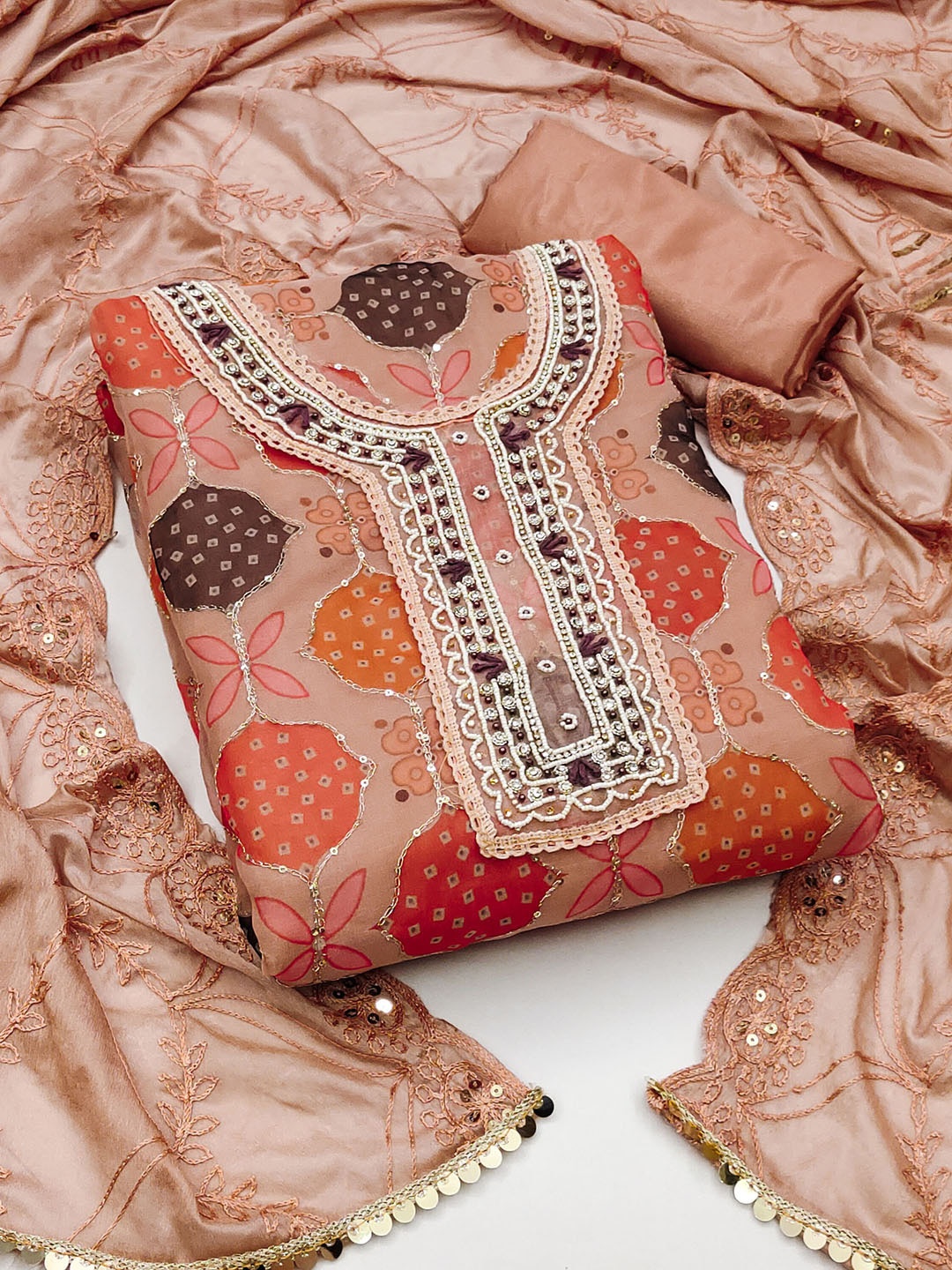 

KALINI Ethnic Motifs Printed Sequinned Detail Unstitched Dress Material, Rust