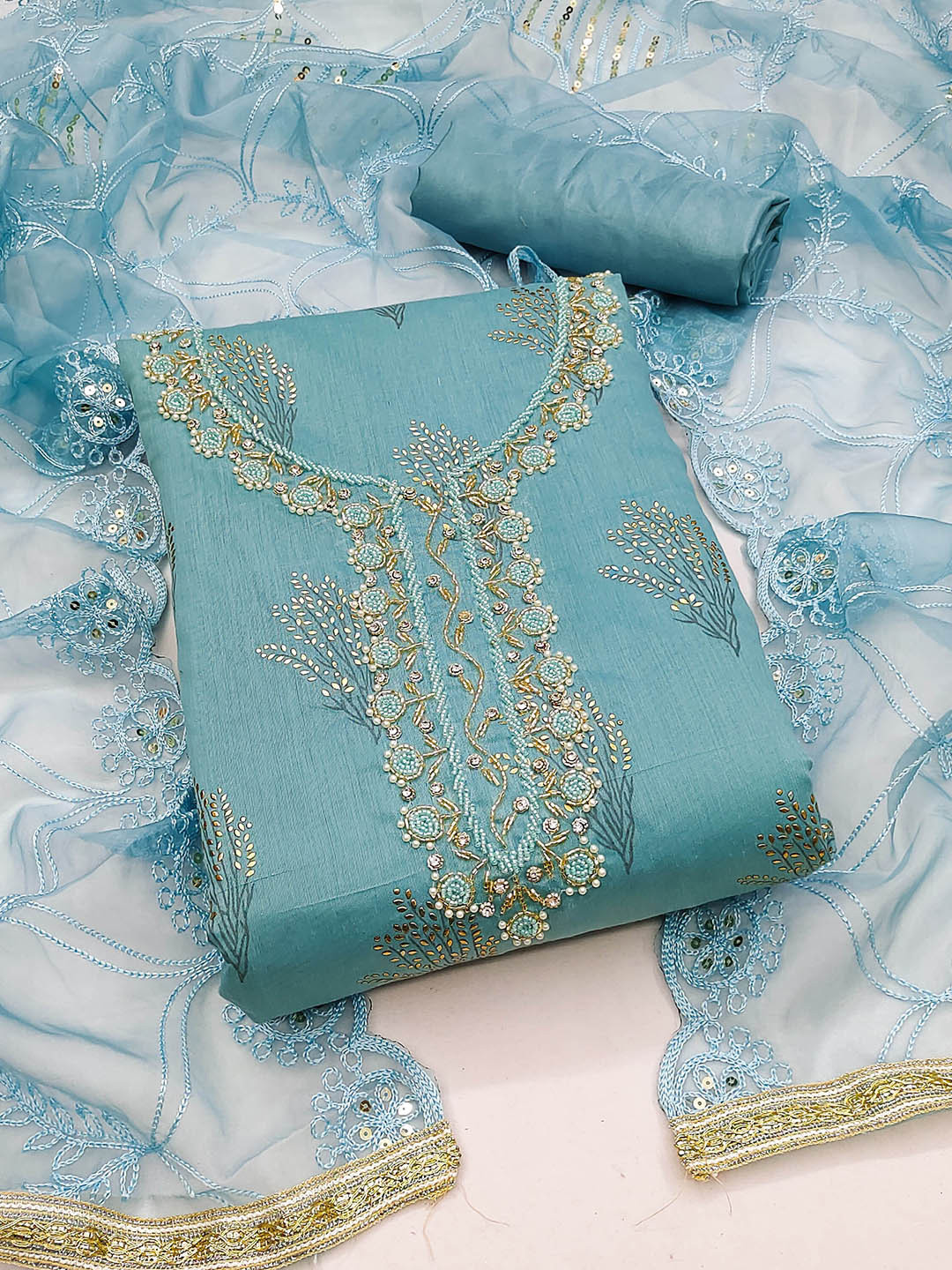 

KALINI Embroidered Unstitched Dress Material, Blue