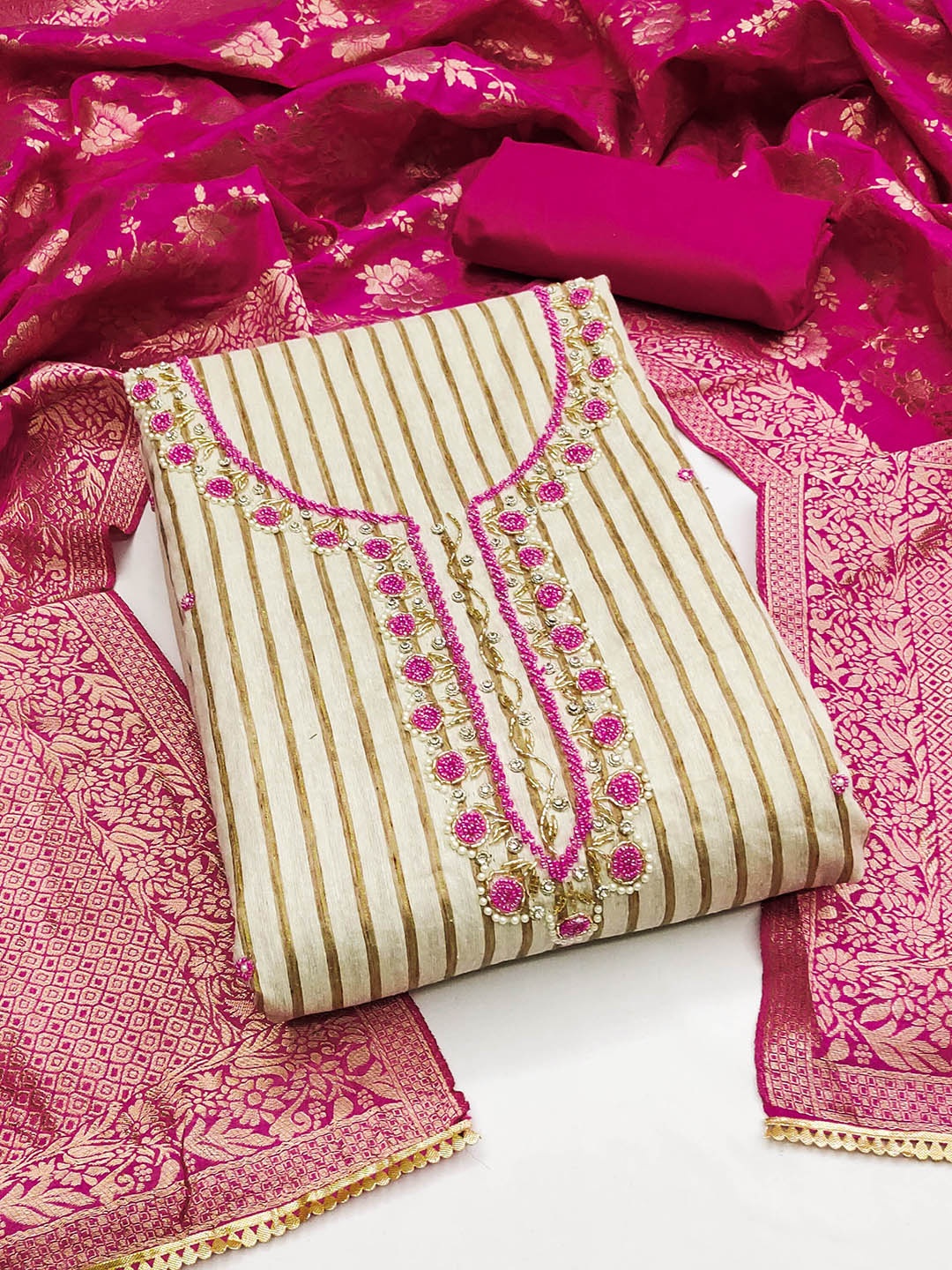 

KALINI Striped Beads and Stones Pure Cotton Unstitched Dress Material, Beige